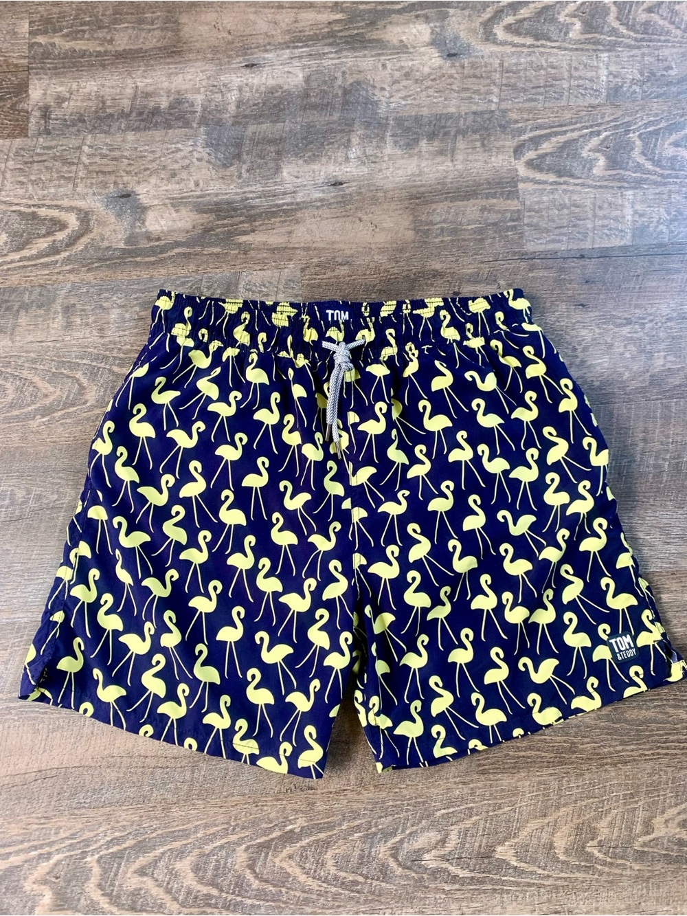 Tom & Teddy Navy Swim Trunks  with Yellow Flamingo Print
